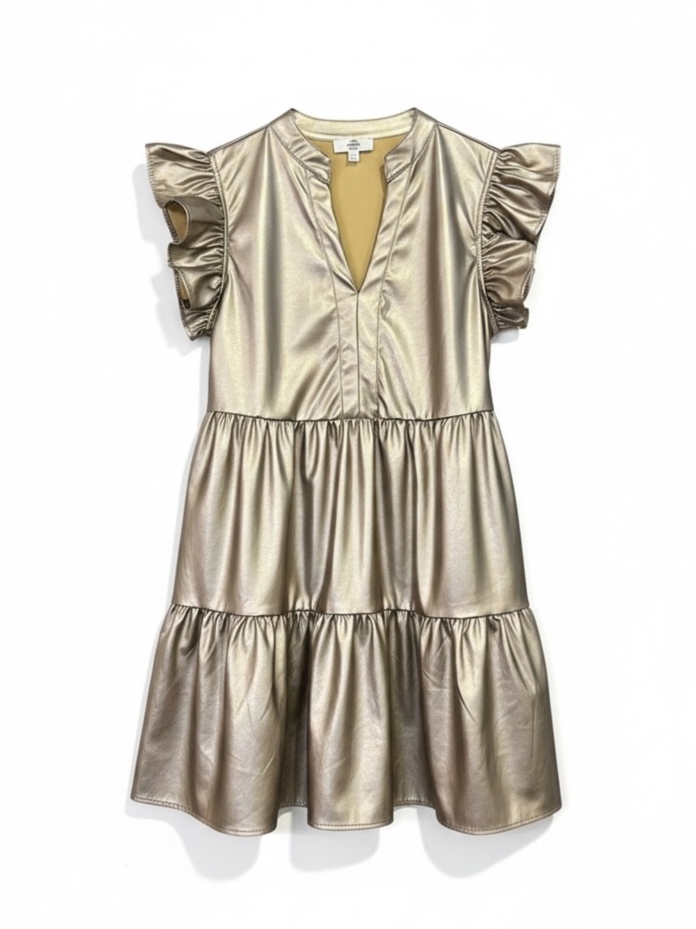 Entro Gold Tiered Faux Leather Ruffle Sleeve V-Neck Mini Dress Size Small